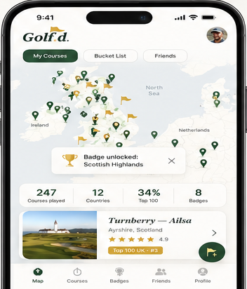The Golf'd map filling in with the courses you've played
